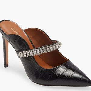 Kurt Geiger Duke black croc mules with crystal strap